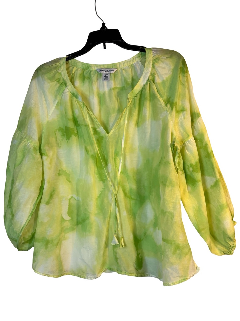 Tommy Bahama Green and Yellow Tie-Dye V-Neck Silk Peasant Blouse